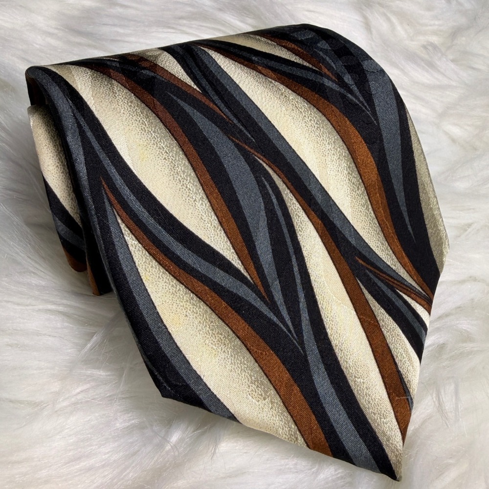 Cellini Linea Uomo Mens Silk Tie Abstract Wave Brown Gray Cream Made in USA 4"
